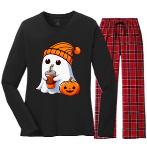 Halloween Costume Ghost Drinking Pumpkin Women's Long Sleeve Flannel Pajama Set 