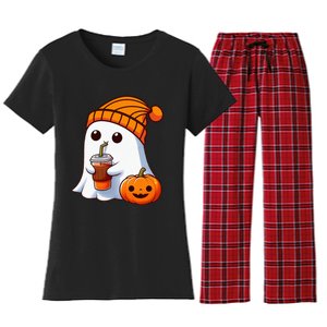 Halloween Costume Ghost Drinking Pumpkin Women's Flannel Pajama Set