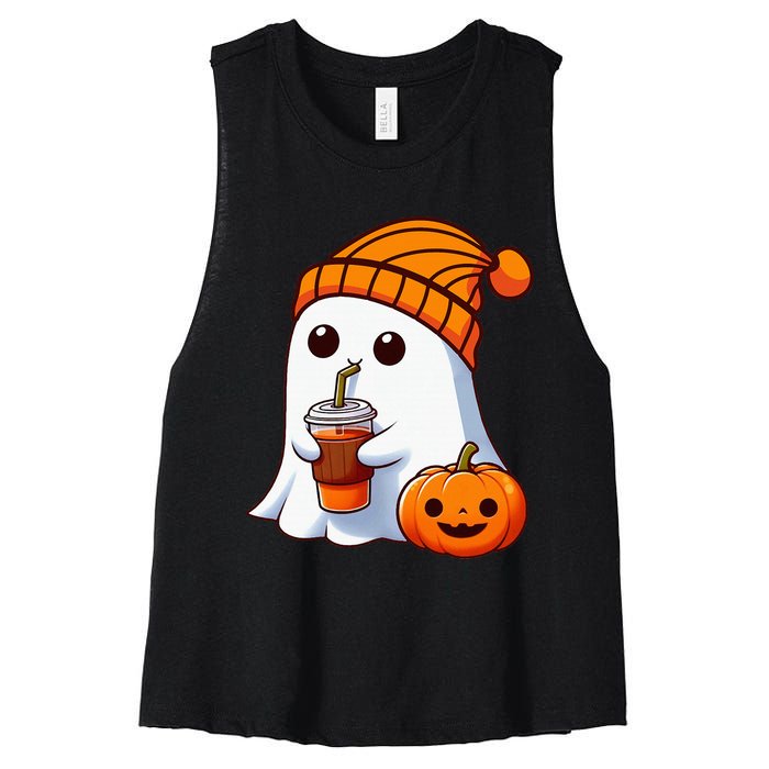 Halloween Costume Ghost Drinking Pumpkin Women's Racerback Cropped Tank