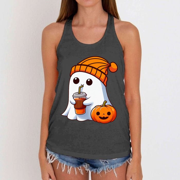 Halloween Costume Ghost Drinking Pumpkin Women's Knotted Racerback Tank