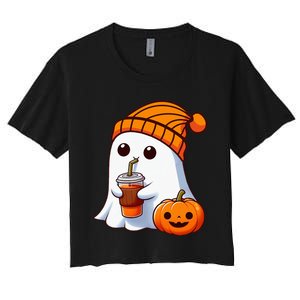 Halloween Costume Ghost Drinking Pumpkin Women's Crop Top Tee