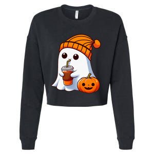 Halloween Costume Ghost Drinking Pumpkin Cropped Pullover Crew