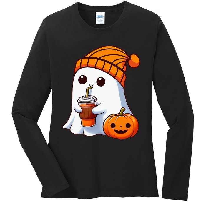 Halloween Costume Ghost Drinking Pumpkin Ladies Long Sleeve Shirt