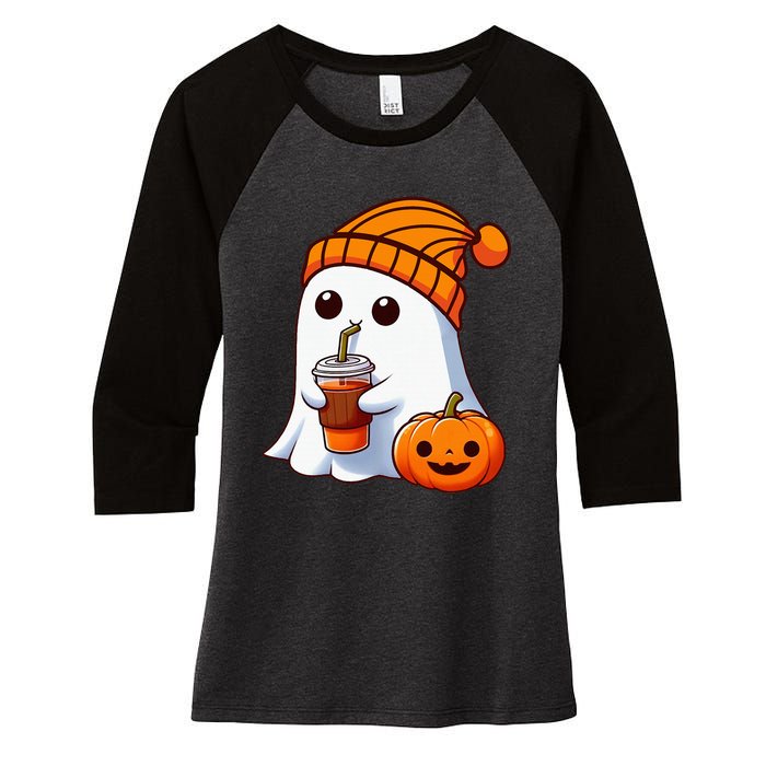 Halloween Costume Ghost Drinking Pumpkin Women's Tri-Blend 3/4-Sleeve Raglan Shirt