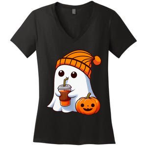 Halloween Costume Ghost Drinking Pumpkin Women's V-Neck T-Shirt