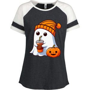 Halloween Costume Ghost Drinking Pumpkin Enza Ladies Jersey Colorblock Tee