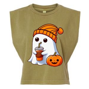 Halloween Costume Ghost Drinking Pumpkin Garment-Dyed Women's Muscle Tee