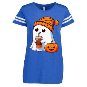 Halloween Costume Ghost Drinking Pumpkin Enza Ladies Jersey Football T-Shirt