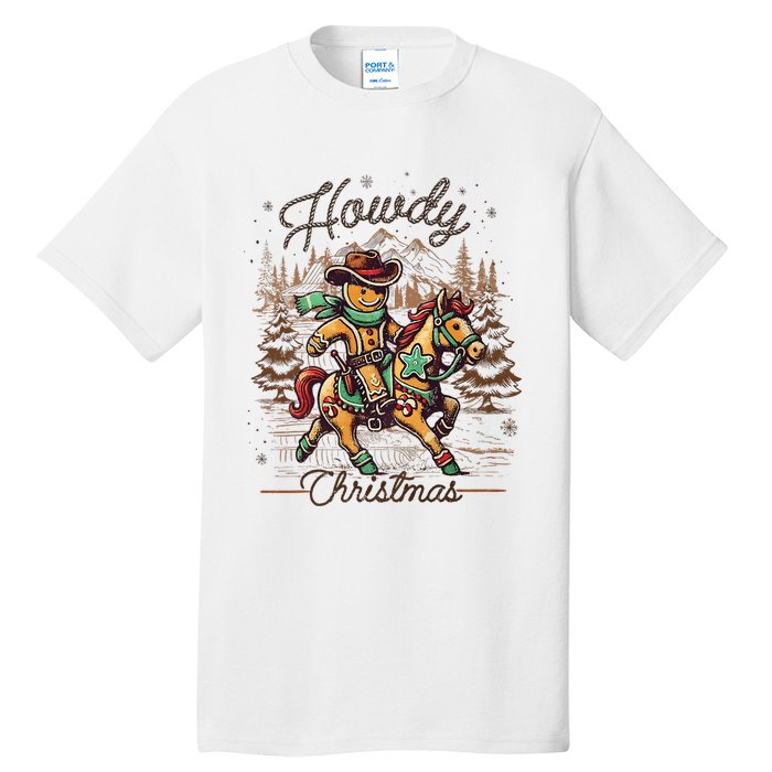 Howdy Christmas Gingerbread Man Cowboy Ride Horse Western Tall T-Shirt