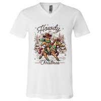 Howdy Christmas Gingerbread Man Cowboy Ride Horse Western V-Neck T-Shirt