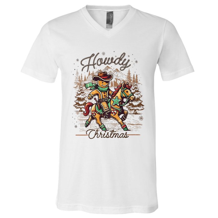 Howdy Christmas Gingerbread Man Cowboy Ride Horse Western V-Neck T-Shirt