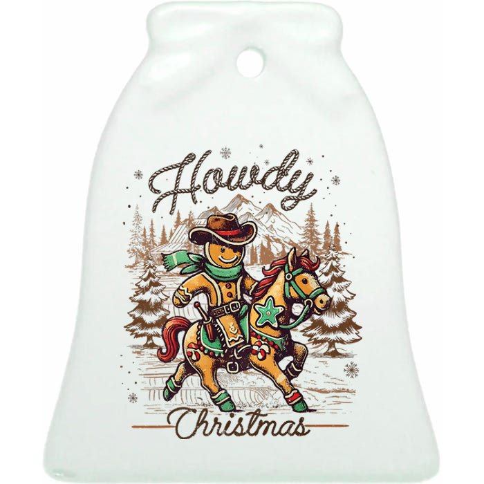 Howdy Christmas Gingerbread Man Cowboy Ride Horse Western Ceramic Bell Ornament