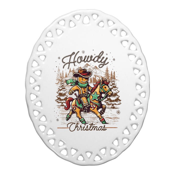 Howdy Christmas Gingerbread Man Cowboy Ride Horse Western Ceramic Oval Ornament