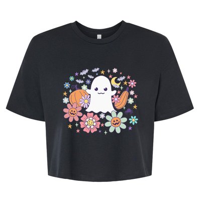 Halloween Cute Ghost Jack O Lantern Pumpkin Spider Bats Moon Bella+Canvas Jersey Crop Tee