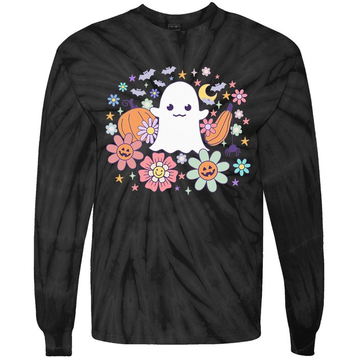 Halloween Cute Ghost Jack O Lantern Pumpkin Spider Bats Moon Tie-Dye Long Sleeve Shirt