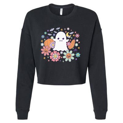 Halloween Cute Ghost Jack O Lantern Pumpkin Spider Bats Moon Cropped Pullover Crew