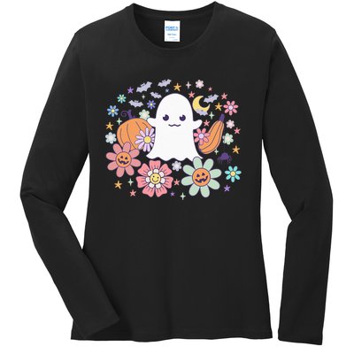 Halloween Cute Ghost Jack O Lantern Pumpkin Spider Bats Moon Ladies Long Sleeve Shirt