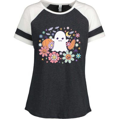 Halloween Cute Ghost Jack O Lantern Pumpkin Spider Bats Moon Enza Ladies Jersey Colorblock Tee