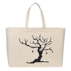 Halloween Cute Ghost Kitty Cats on a Tree Cotton Canvas Jumbo Tote