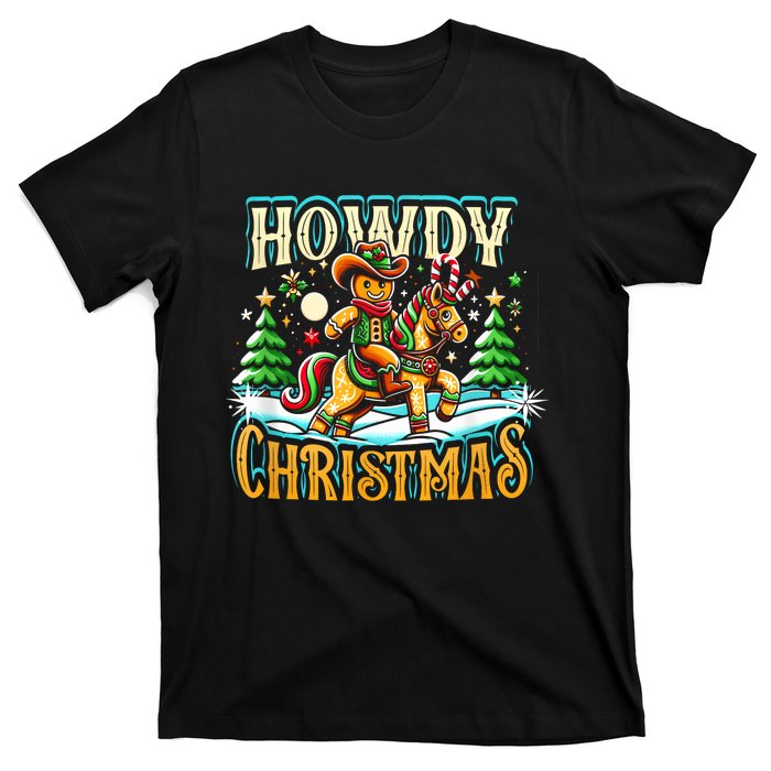 Howdy Christmas Gingerbread Man Cowboy Ride Horse Western T-Shirt