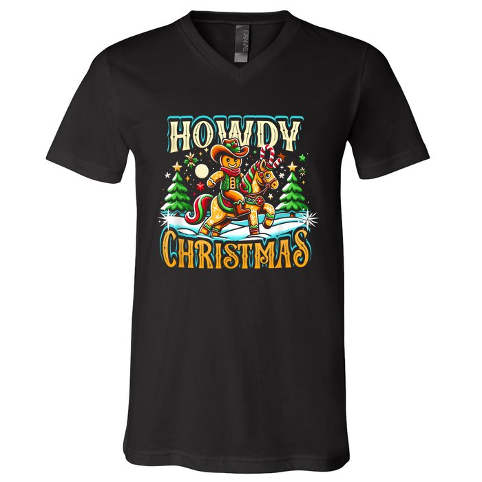 Howdy Christmas Gingerbread Man Cowboy Ride Horse Western V-Neck T-Shirt