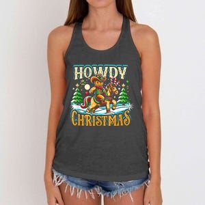 Howdy Christmas Gingerbread Man Cowboy Ride Horse Western Women's Knotted Racerback Tank