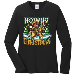 Howdy Christmas Gingerbread Man Cowboy Ride Horse Western Ladies Long Sleeve Shirt