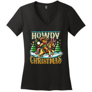 Howdy Christmas Gingerbread Man Cowboy Ride Horse Western Women's V-Neck T-Shirt