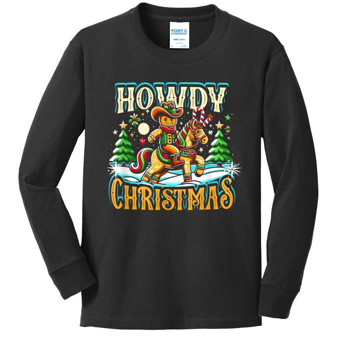 Howdy Christmas Gingerbread Man Cowboy Ride Horse Western Kids Long Sleeve Shirt