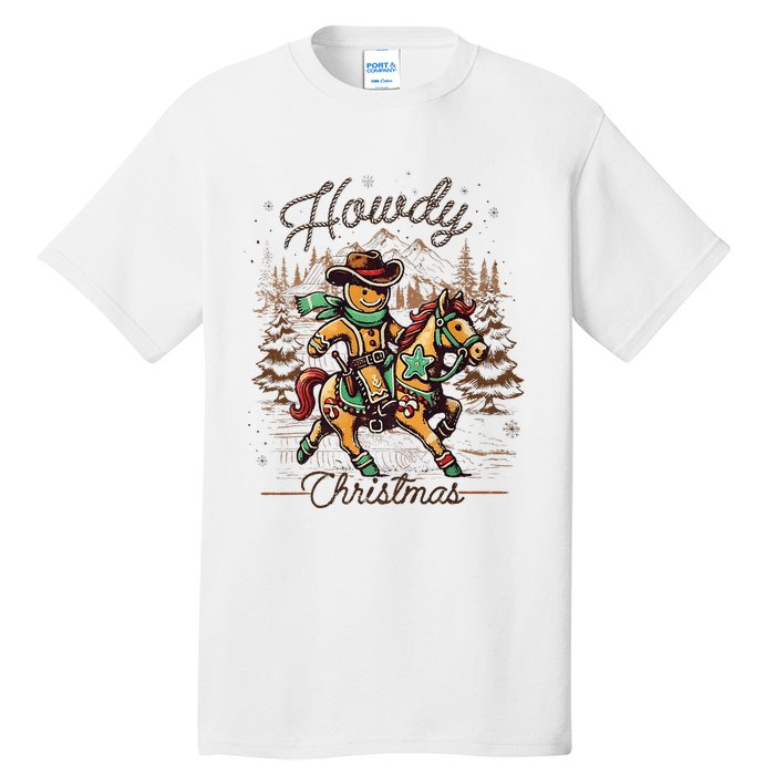 Howdy Christmas Gingerbread Man Cowboy Ride Horse Western Tall T-Shirt