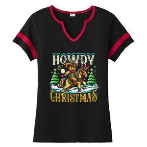 Howdy Christmas Gingerbread Man Cowboy Ride Horse Western Ladies Halftime Notch Neck Tee