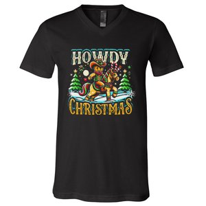 Howdy Christmas Gingerbread Man Cowboy Ride Horse Western V-Neck T-Shirt