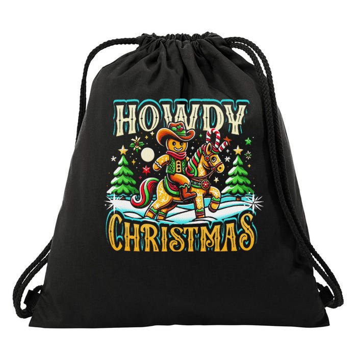 Howdy Christmas Gingerbread Man Cowboy Ride Horse Western Drawstring Bag