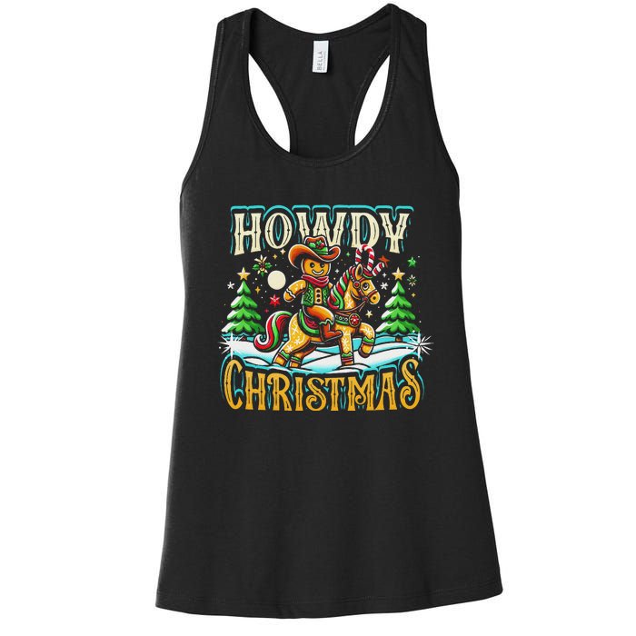 Howdy Christmas Gingerbread Man Cowboy Ride Horse Western Women's Racerback Tank