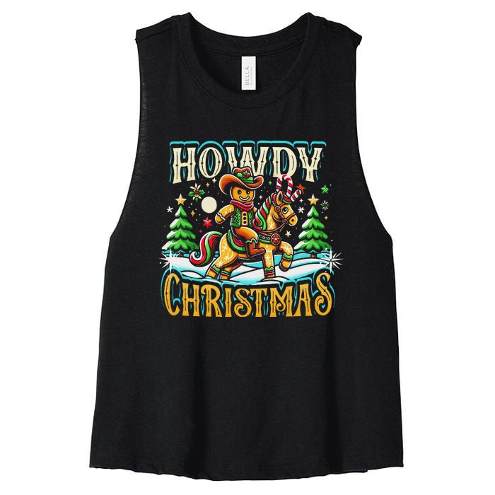 Howdy Christmas Gingerbread Man Cowboy Ride Horse Western Women's Racerback Cropped Tank