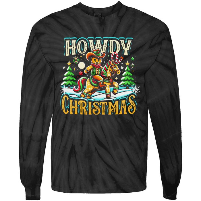 Howdy Christmas Gingerbread Man Cowboy Ride Horse Western Tie-Dye Long Sleeve Shirt