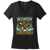 Howdy Christmas Gingerbread Man Cowboy Ride Horse Western Women's V-Neck T-Shirt