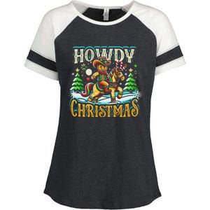 Howdy Christmas Gingerbread Man Cowboy Ride Horse Western Enza Ladies Jersey Colorblock Tee