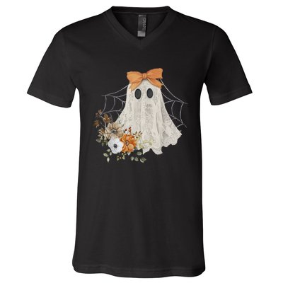 Halloween Coquette Ghost Flower Ghost Spooky Lace Ghost Gift V-Neck T-Shirt