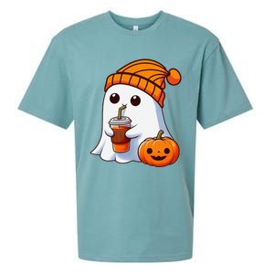 Halloween Costume Ghost Drinking Pumpkin Gift Sueded Cloud Jersey T-Shirt