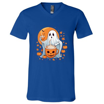 Halloween Cute Ghost Ing Pumpkin Spice Latte Coffee Cool Gift V-Neck T-Shirt