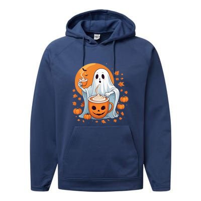 Halloween Cute Ghost Ing Pumpkin Spice Latte Coffee Cool Gift Performance Fleece Hoodie