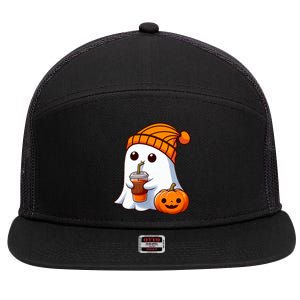 Halloween Costume Ghost Drinking Pumpkin 7 Panel Mesh Trucker Snapback Hat