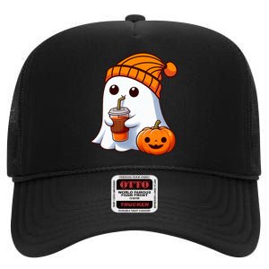 Halloween Costume Ghost Drinking Pumpkin High Crown Mesh Back Trucker Hat