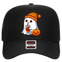 Halloween Costume Ghost Drinking Pumpkin High Crown Mesh Back Trucker Hat