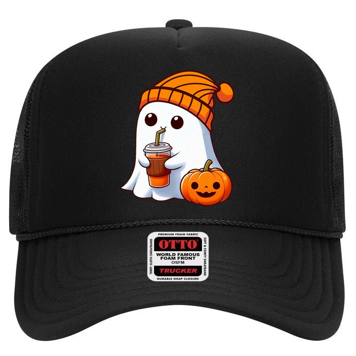 Halloween Costume Ghost Drinking Pumpkin High Crown Mesh Back Trucker Hat