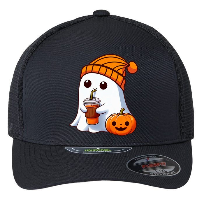 Halloween Costume Ghost Drinking Pumpkin Flexfit Unipanel Trucker Cap