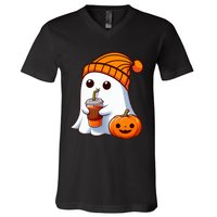 Halloween Costume Ghost Drinking Pumpkin V-Neck T-Shirt