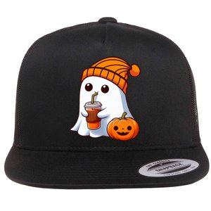 Halloween Costume Ghost Drinking Pumpkin Flat Bill Trucker Hat