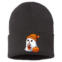 Halloween Costume Ghost Drinking Pumpkin Sustainable Knit Beanie